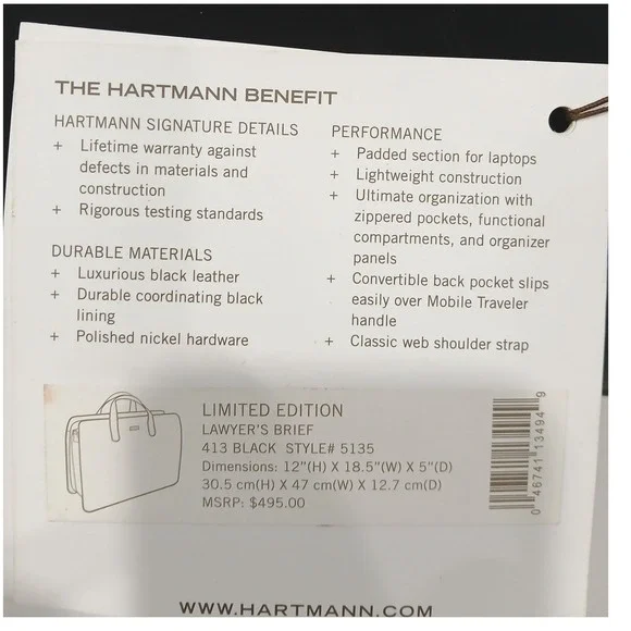 NEW Hartmann Limited Edition Black Leather Laptop Lawyer Briefcase Messenger Bag - Picture 8 of 10